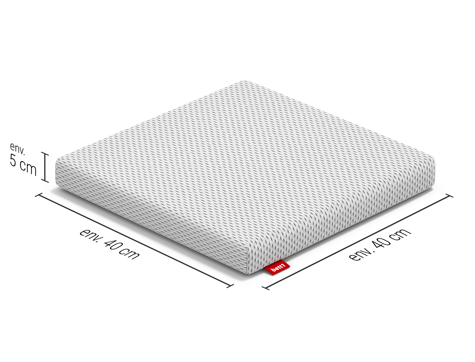 Coussin de chaise BODYGUARD® présenté seul, vu légèrement en perspective. Sa housse blanche à texture respirante et son étiquette rouge bett1 sont bien visibles.