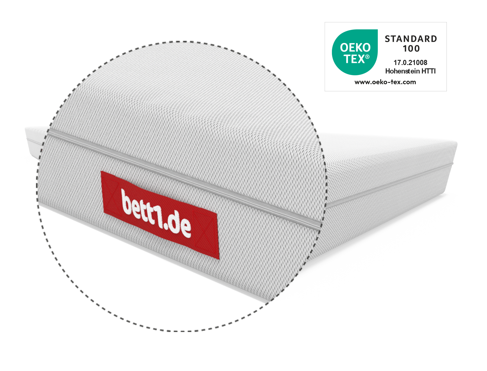  Zoom sur la anse noire BODYGUARD® sur la housse blanche du matelas avec le label OEKO-TEX® visible à droite.