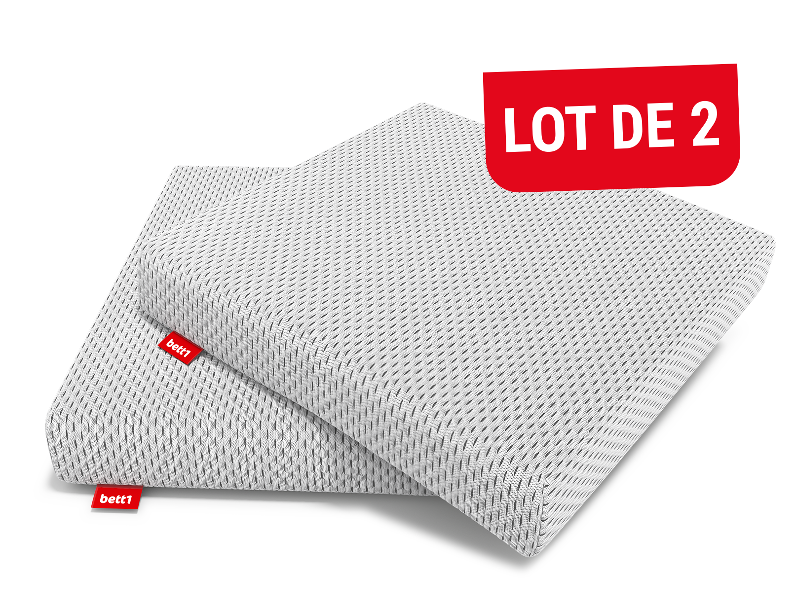 Deux coussins de chaise BODYGUARD® superposés, avec housse blanche texturée. Un encart rouge en haut à droite indique « Lot de 2 ». Les étiquettes rouges bett1 sont visibles.