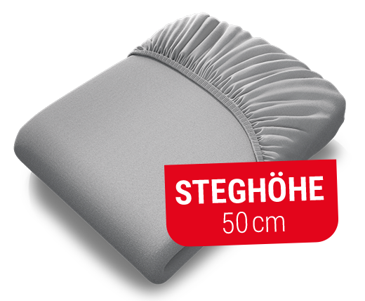 Das BODYGUARD® Spannbettlaken extra hoch aufgezogen auf der BODYGUARD® Boxspring Matratze. Text: Steghöhe 50cm	