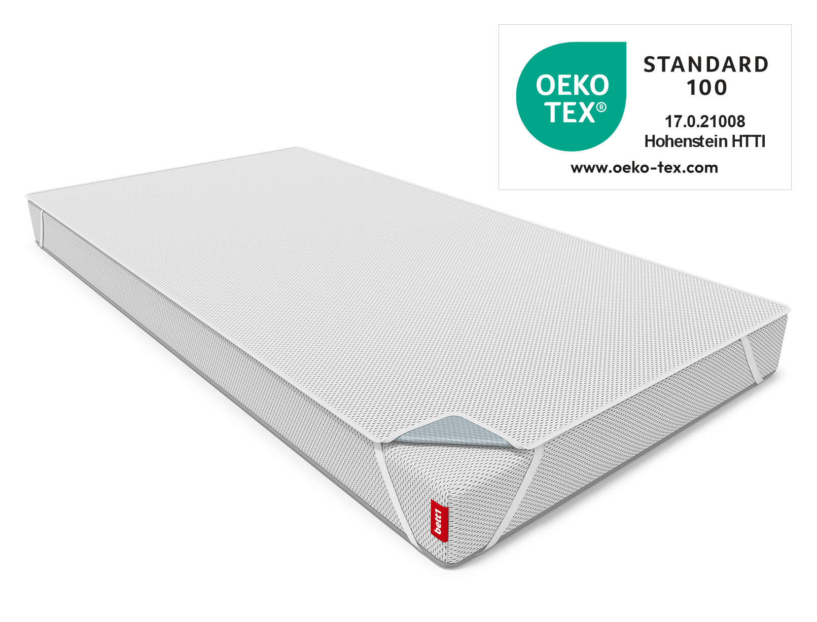 Alèse pour matelas enfant BODYGUARD® sur le matelas enfant BODYGUARD® avec les passants de maintien et le sceau Oeko-Tex® Standard 100 à côté.
