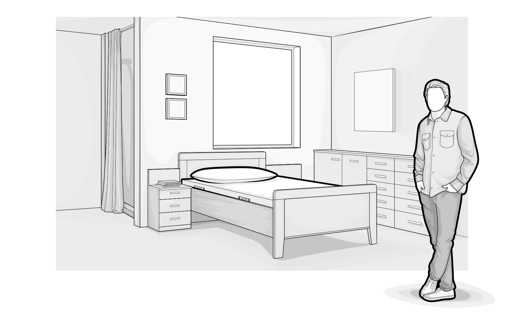 Illustration: Eine jugendlich gekleidete Person steht in einem Schlafzimmer mit Einzelbett samt BODYGUARD® Matratze.