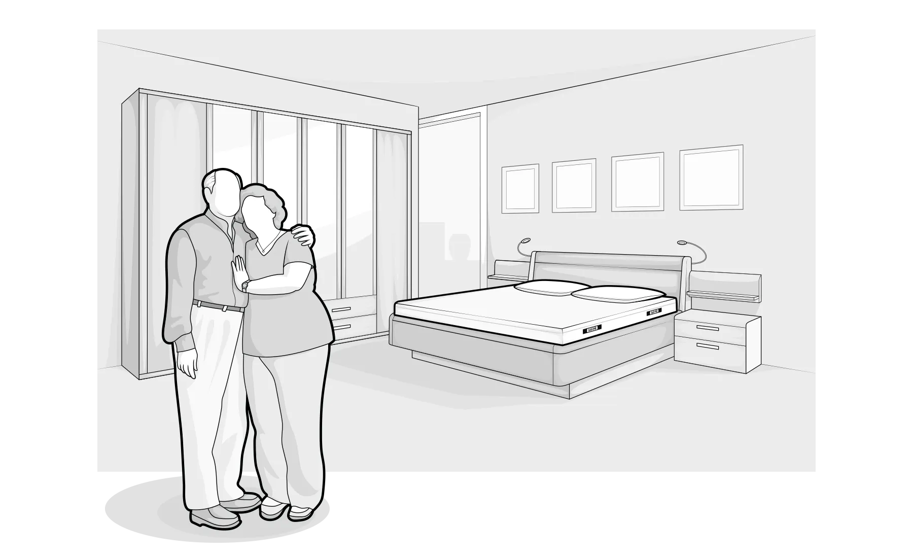 Illustration : deux personnes âgées se tiennent dans les bras l'une de l'autre dans une chambre à coucher avec un lit double et un matelas BODYGUARD®.
