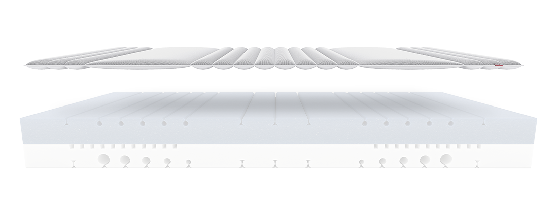Le surmatelas est en l'air et vient se poser sur le noyau du matelas BODYGUARD