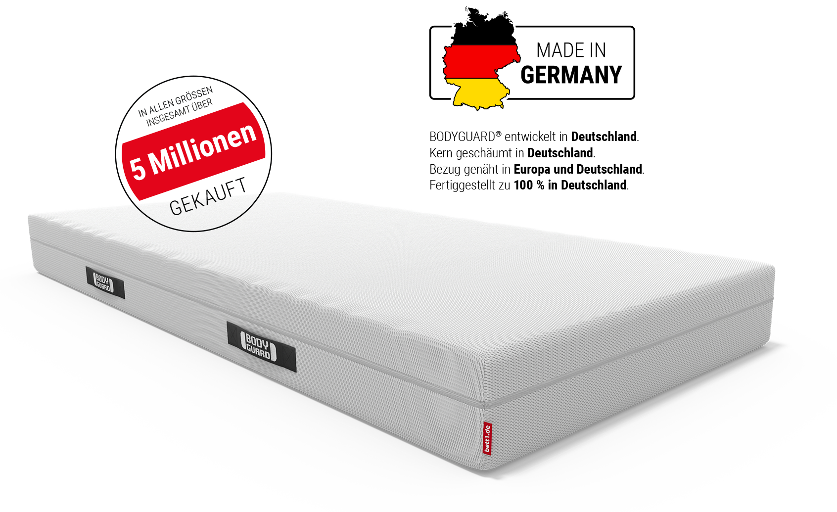 Die BODYGUARD Anti-Kartell-Matratze. Siegel: 5 Millionen und Testnote 1,6