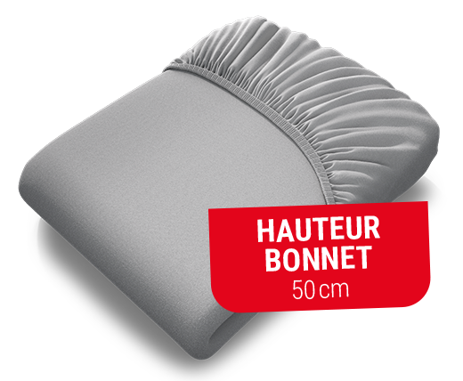 Le drap-housse BODYGUARD® sur le matelas Boxspring BODYGUARD®. Texte : hauteur bonnet 50cm