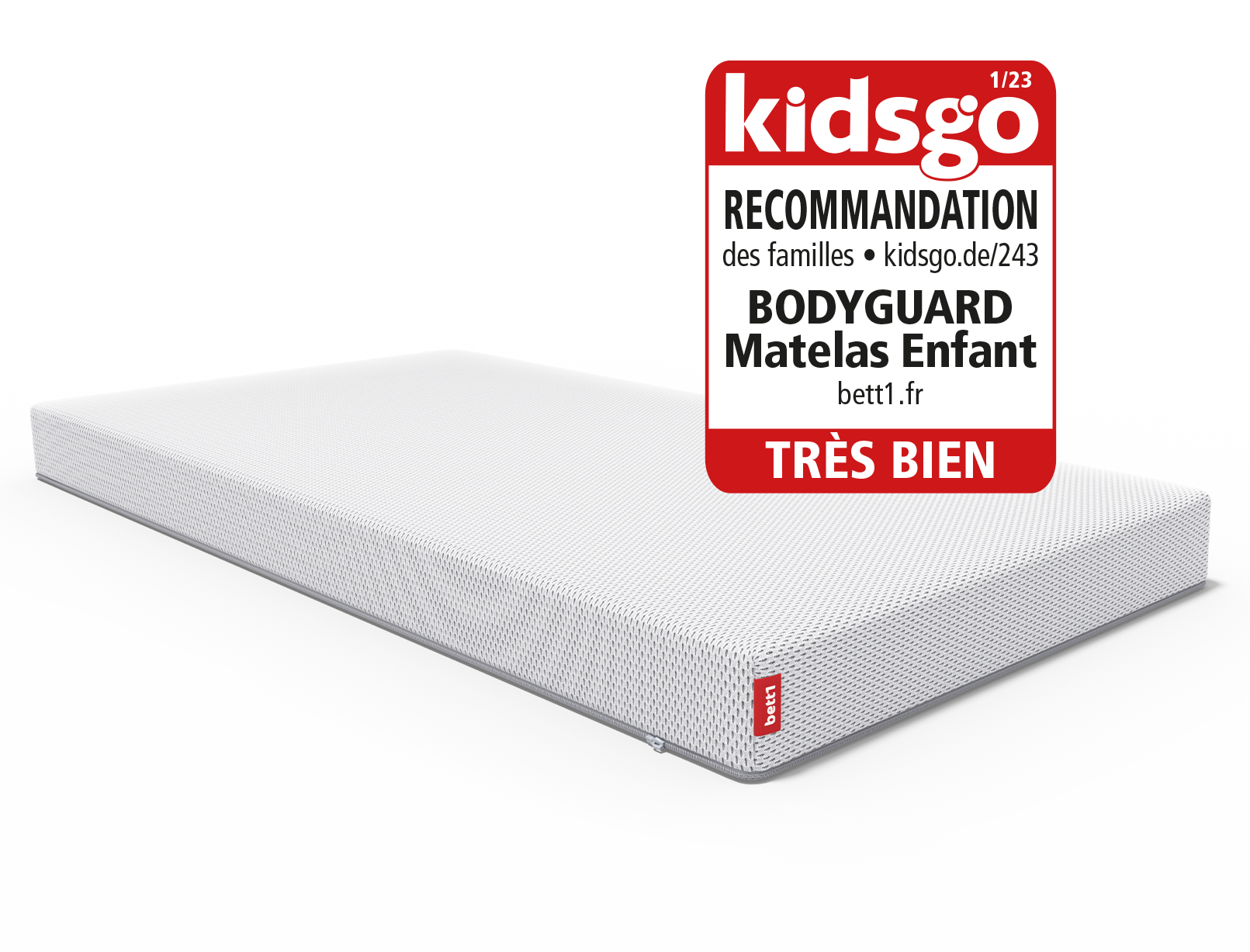 Au-dessus du matelas pour enfants et bébés, un sceau de kidsgo avec le texte : recommandation des familles kidsgo.de Bodyguard matelas enfant bett1.fr