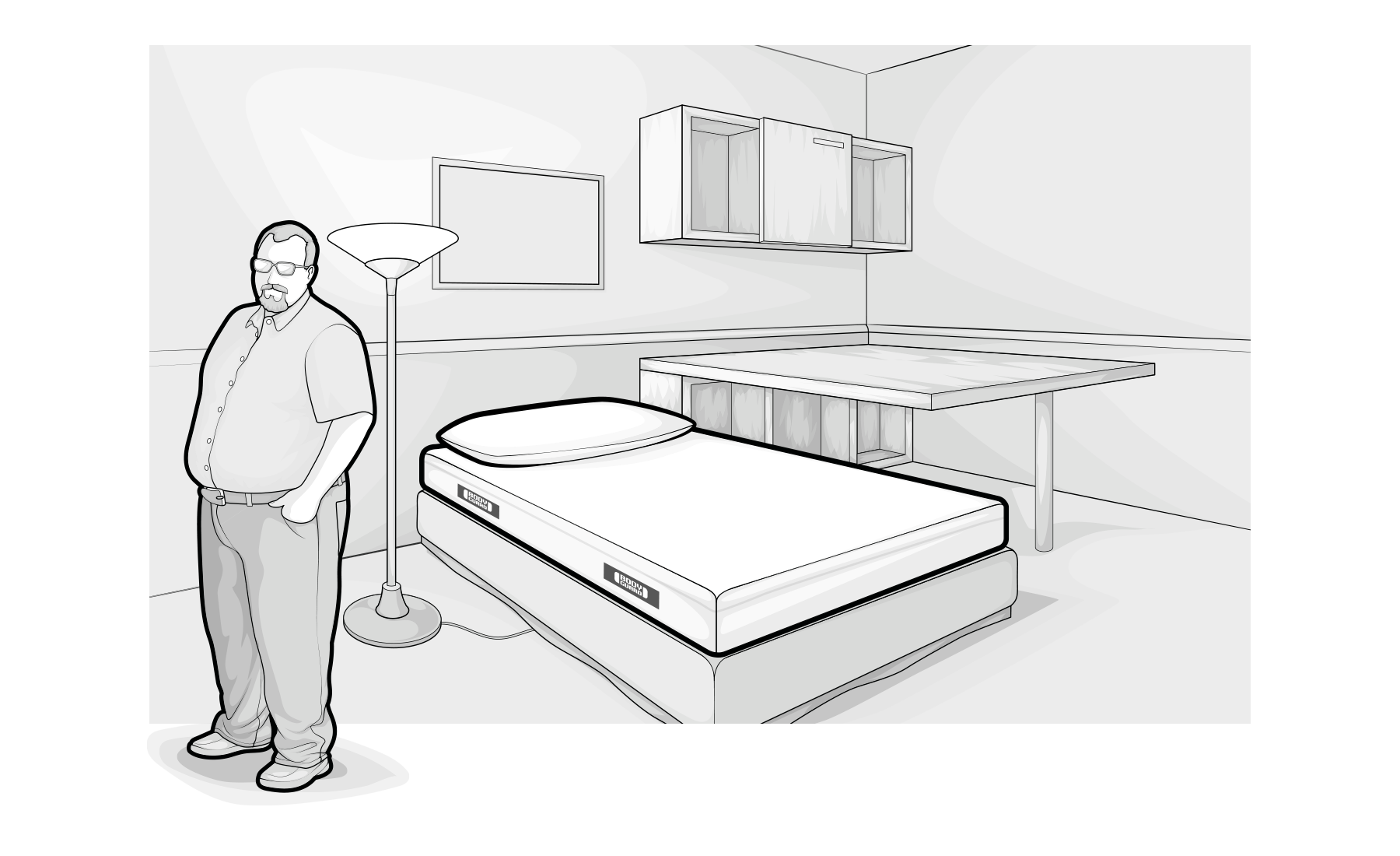 Illustration: Eine Person breiter Statur mit ausgeprägtem Bauch steht in einem Zimmer mit Einzelbett samt BODYGUARD® Matratze.