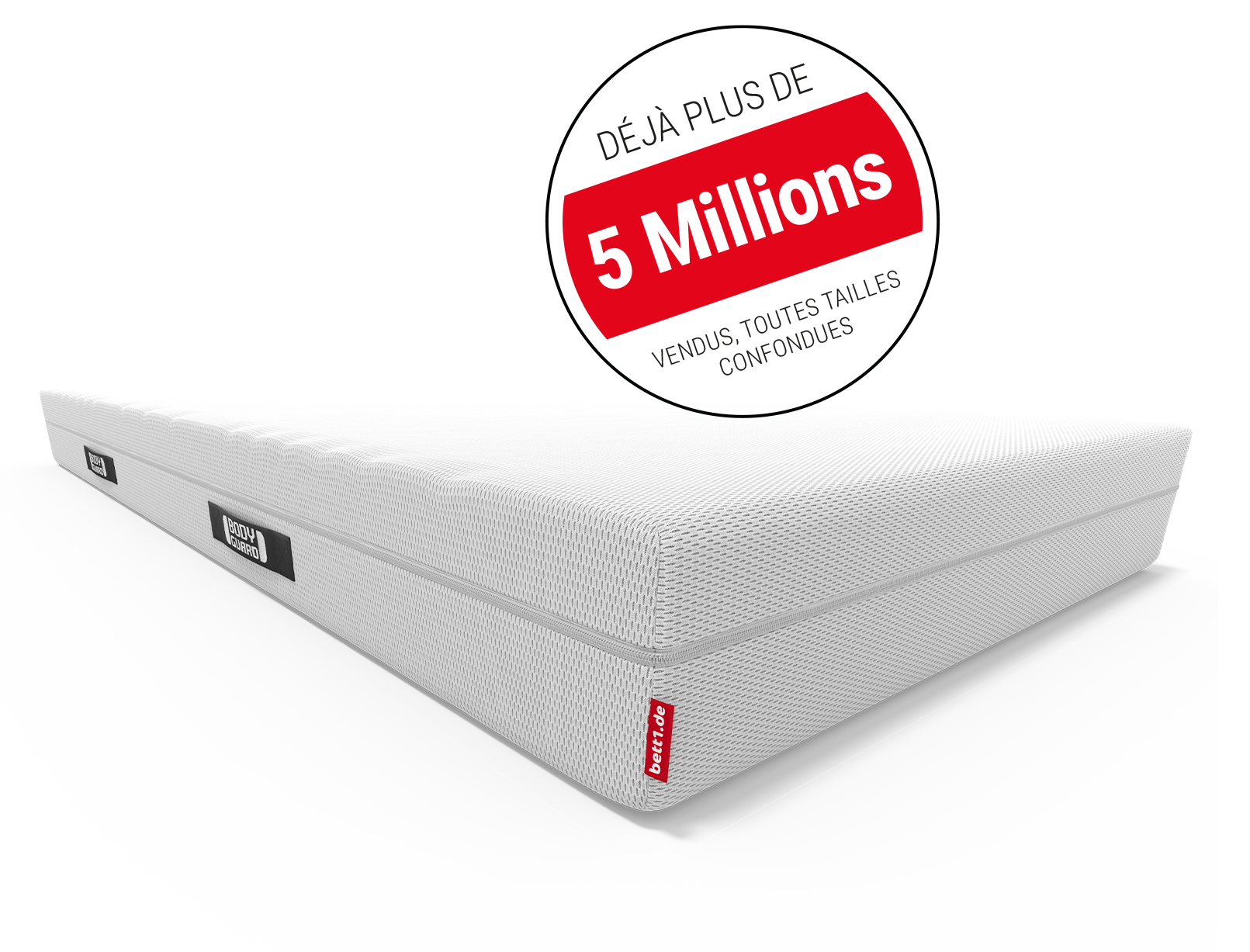 Matelas BODYGUARD® anti-cartel : zoom sur la poignée. En haut à gauche : Pastille avec Texte : vaiqueur du test. 1,6 (BIEN)