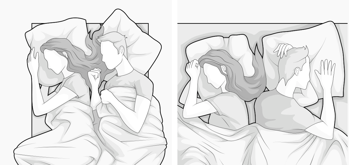 Zweigeteilte Illustration: links zwei Personen eng beieinander auf einer Matratze 90x190 cm, rechts zwei Personen mit deutlich mehr Platz auf der Matratze.