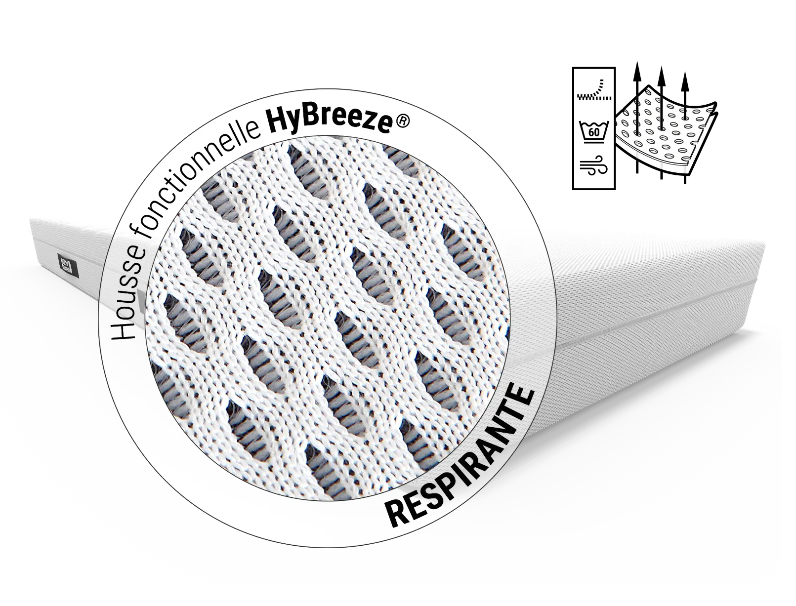 Le matelas BODYGUARD® anti-cartel : zoom sur la housse du matelas. Texte : Housse fonctionnelle HyBreeze®/respirante. Illustration : des flèches traversent les pores d'un morceau de tissu.