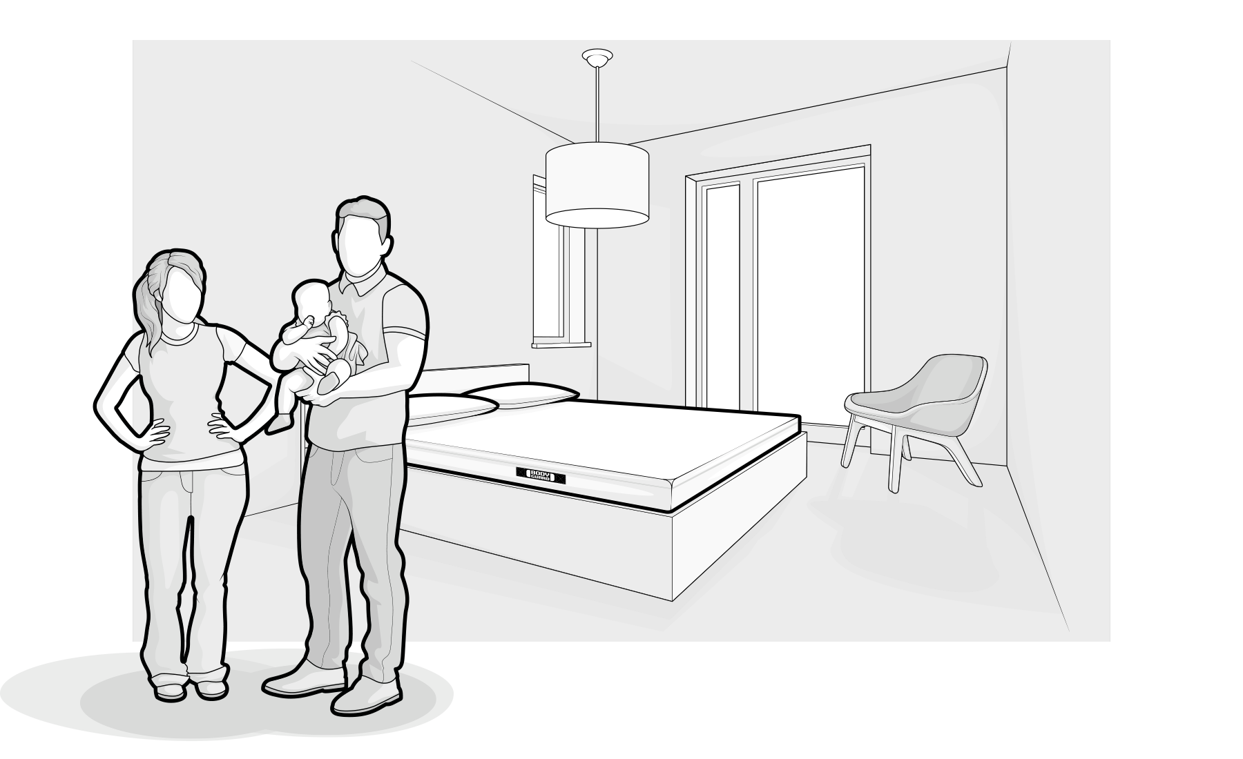 Illustration: Zwei junge Erwachsene stehen in einem Schlafzimmer mit Doppelbett samt BODYGUARD® Matratze; eine Person hält ein Baby auf dem Arm.