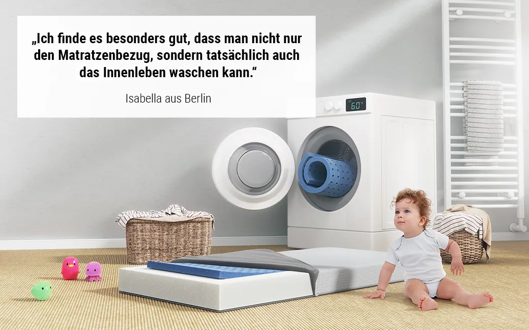 BODYGUARD® Kindermatratze vor einer Waschmaschine. Vor der Matratze sitzt ein Kind. Text: „Ich finde es besonders gut, dass man nicht nur den Matratzenbezug, sondern tatsächlich auch das Innenleben waschen kann.“ Isabella aus Berlin