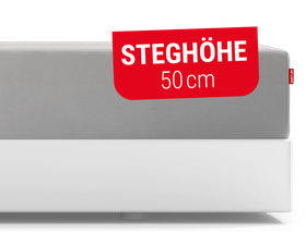 Das BODYGUARD® Spannbettlaken extra hoch aufgezogen auf der BODYGUARD® Boxspring Matratze. Text: Steghöhe 50cm	