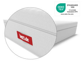 Zoom sur la housse HyBreeze® du matelas BODYGUARD®, accompagnée du certificat OEKO-TEX® Standard 100.