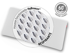 Zoom sur la housse de l'oreiller viscoélastique. Texte circulaire : Housse fonctionnelle HyBreeze Respirante