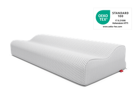 Das BODYGUARD® Nackenstützkissen. Daneben das Oeko-Tex® Standard 100 Siegel.	