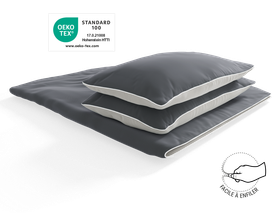 Le linge de lit en satin BODYGUARD® est posé sur une couette pliée avec un oreiller dessus. Le label Oeko-Tex®. Illustration d'une main qui ferme une fermeture éclair. Texte : facile à enfiler