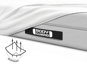 La moitié du matelas BODYGUARD® est recouverte du drap-housse en jersey blanc. Illustration du tissu avec trois flèches qui le traversent. Texte : respirant