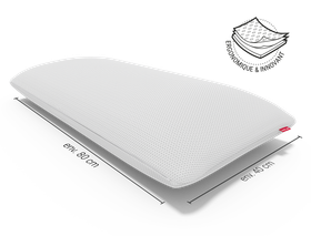 Oreiller BODYGUARD® blanc de 60 x 40 cm avec housse texturée. En haut à droite, une icône signale une structure ergonomique et respirante. Les dimensions sont indiquées en perspective à la base de l’oreiller.