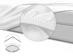La moitié du matelas BODYGUARD® est recouverte du drap-housse en jersey blanc. Zoom sur l'ourlet renforcé et élastique. Illustration montrant le dessous du matelas avec l'ourlet du drap tiré dessus. Texte : tenue parfaite