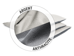 Le linge de lit en flanelle BODYGUARD® : une partie découpée montre le côté gris du tissu de flanelle, l'autre le côté anthracite. Texte : argent/anthraciteThe BODYGUARD® 