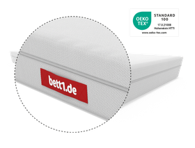  Zoom sur la anse noire BODYGUARD® sur la housse blanche du matelas avec le label OEKO-TEX® visible à droite.