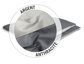 Le linge de lit BODYGUARD® en satin : un détail montre dans une moitié le côté gris, dans l'autre le côté anthracite du tissu en satin. Texte : argent/anthracite
