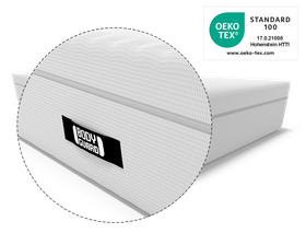 Zoom sur la housse du matelas Boduguard avec étiquette BODYGUARD® et label OEKO-TEX® STANDARD 100 garantissant des matériaux testés contre les substances nocives.