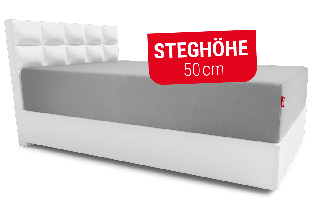 Ein Boxspringbett, auf dem eine extra hohe Matratze liegt, die bezogen ist mit dem BODYGUARD® Spannbettlaken extra hoch. Text: Steghöhe 50cm