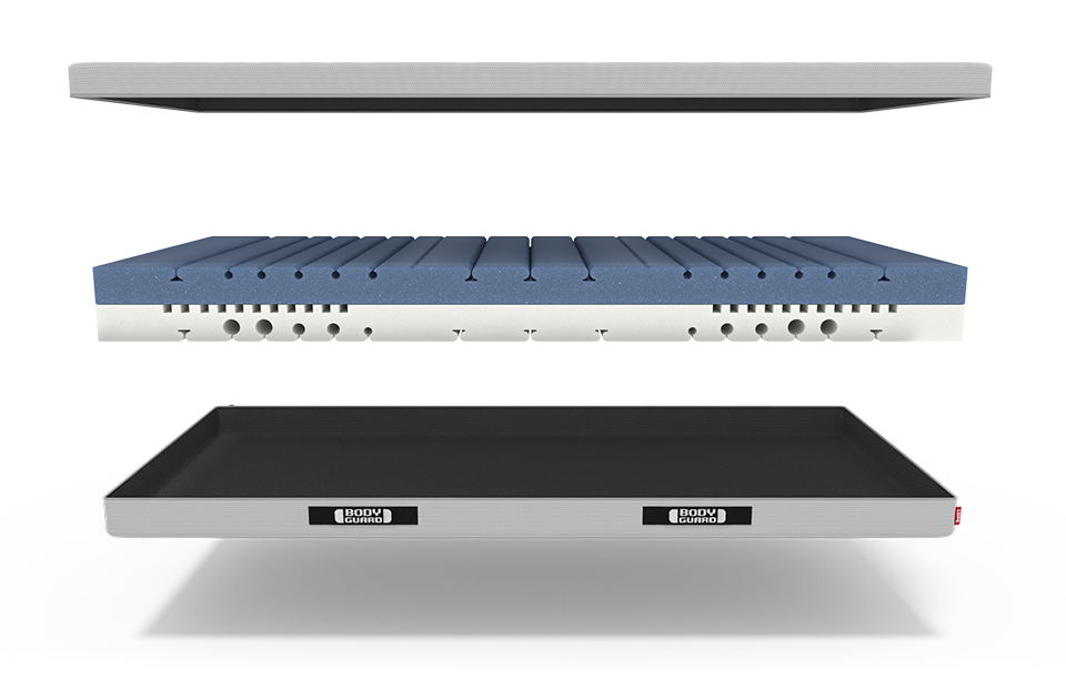 Matelas BODYGUARD®  en trois parties superposées : la moitié de la housse en haut, le noyau du matelas au milieu, l'autre moitié de la housse en bas.