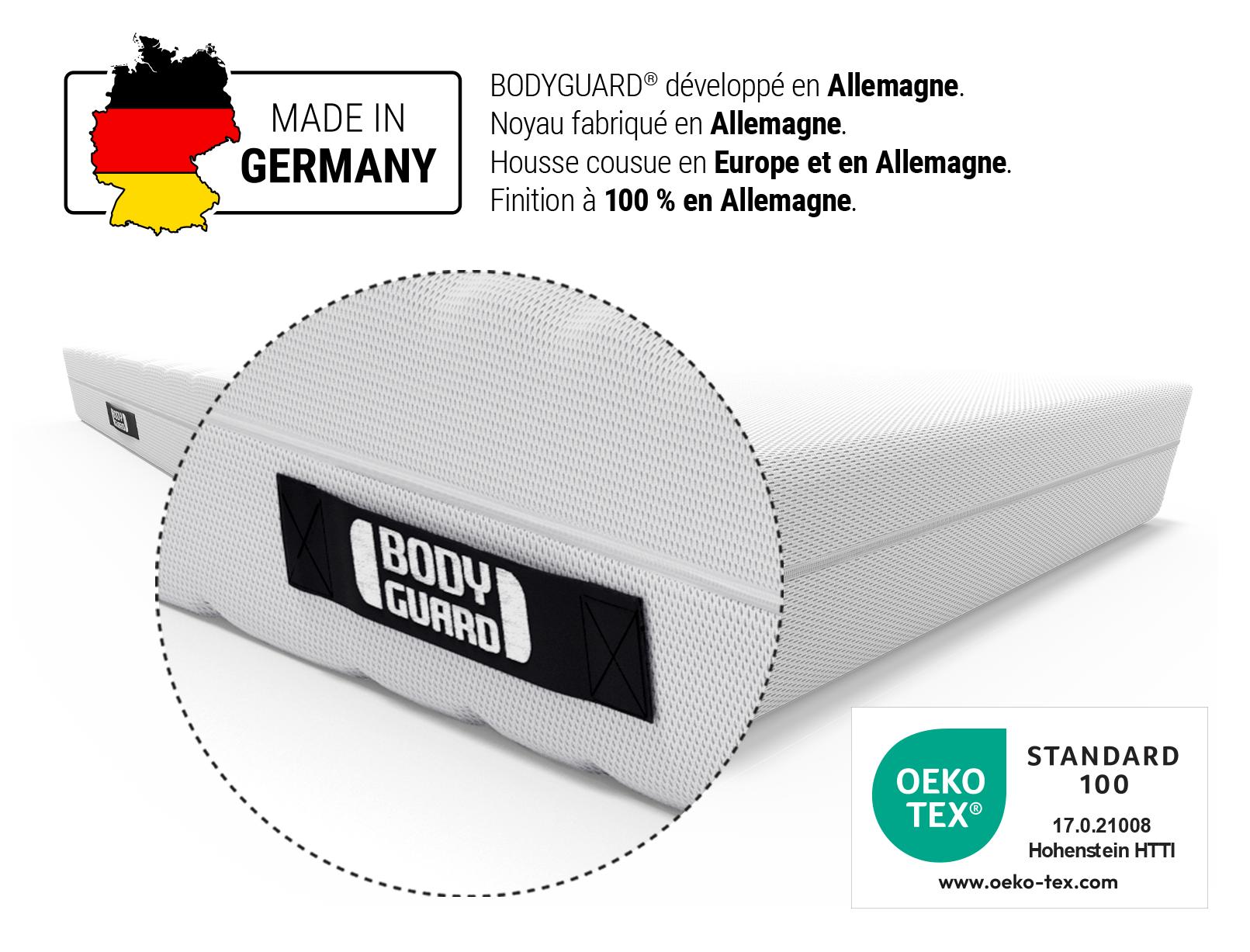 Matelas BODYGUARD® anti-cartel : zoom sur la poignée. Label Oeko-Tex®. En haut à gauche : la carte de l'Allemagne aux couleurs noir rouge jaune et texte : Made in Germany