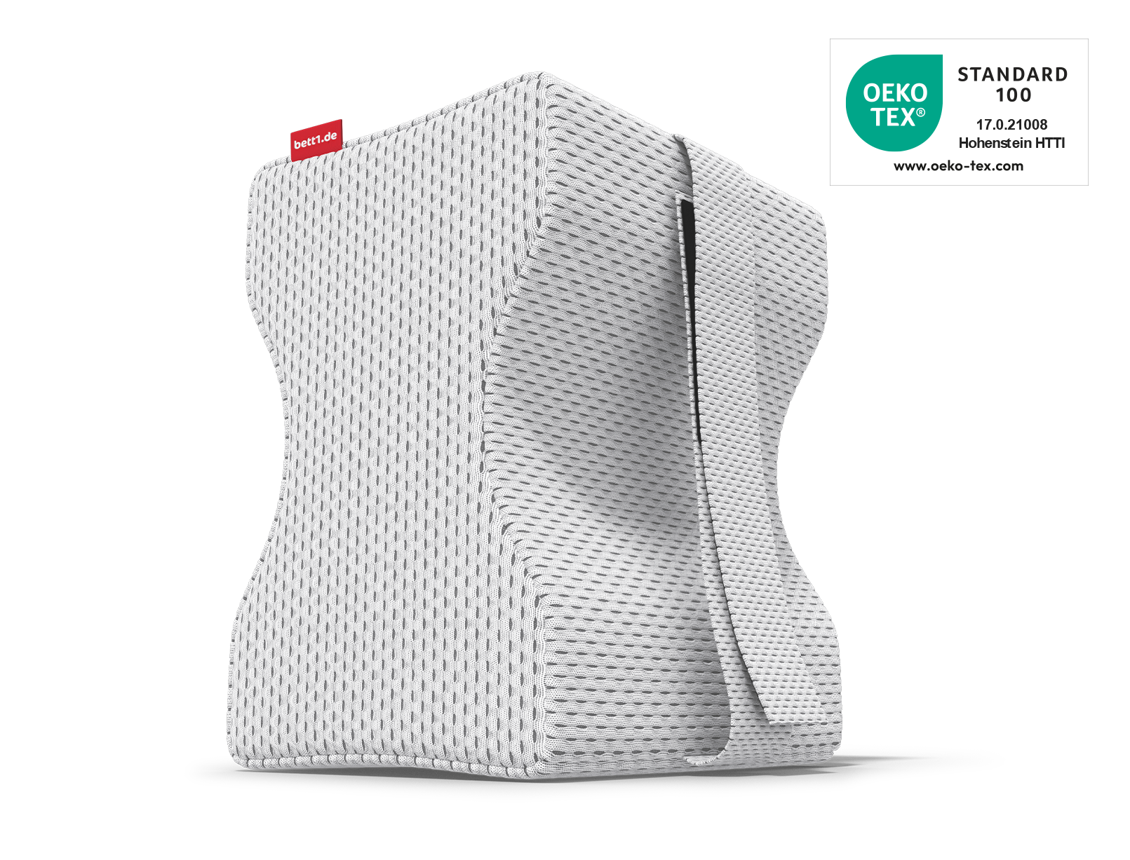 Das BODYGUARD® Kniekissen. Daneben das Oeko-Tex® Standard 100 Siegel.