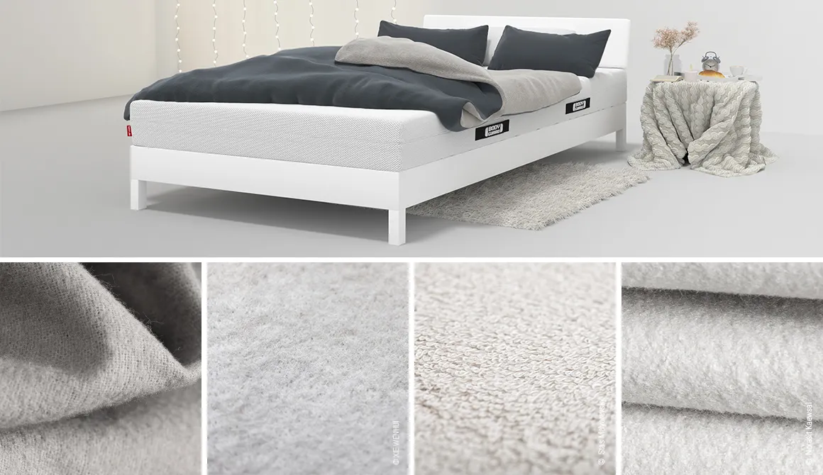 Lit équipé d’un matelas BODYGUARD® avec une parure grise en flanelle. En bas, gros plans sur la texture douce et duveteuse du tissu.