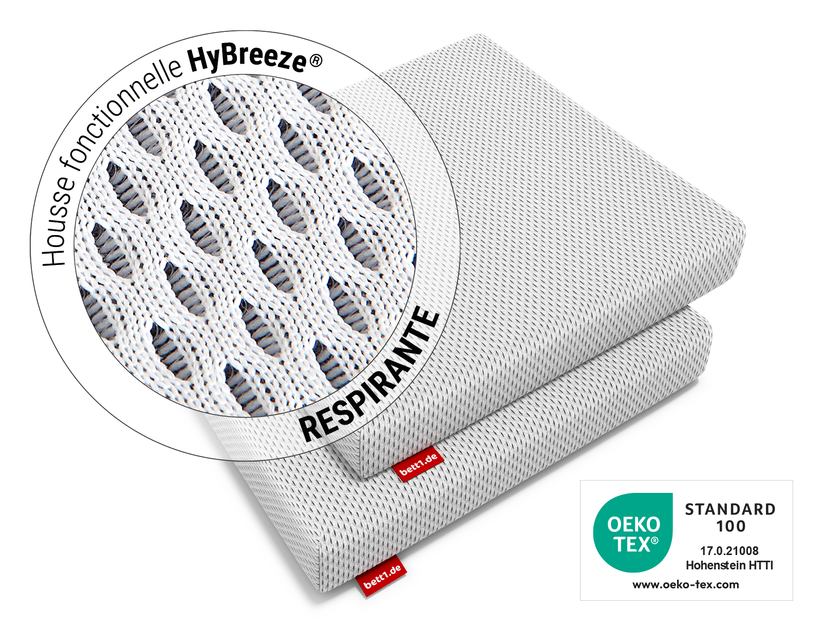 Deux coussins de chaise BODYGUARD® empilés, avec étiquette rouge bett1. Un médaillon met en valeur la housse respirante HyBreeze® et sa structure ajourée. Le label OEKO-TEX® STANDARD 100 est visible en bas à droite.