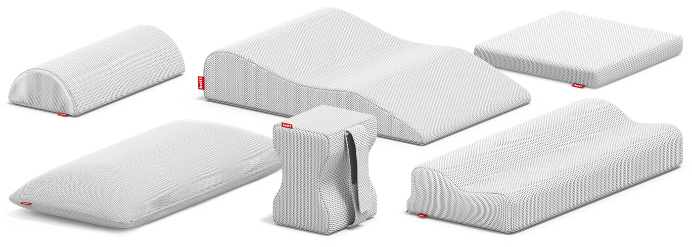 Eine Zusammenstellung der BODYGUARD Kissen von bett1: Nackenstützkissen, Visco-Kissen, Kniekissen, Nackenrolle, Venenkissen und Sitzkissen.
