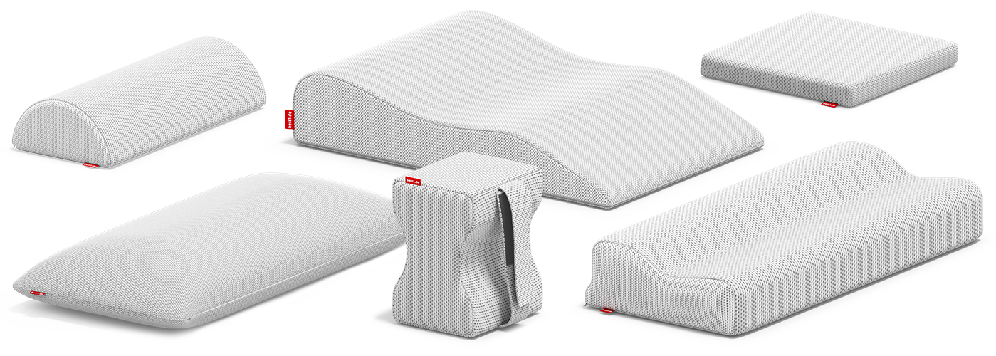 Eine Zusammenstellung der BODYGUARD Kissen von bett1: Nackenstützkissen, Visco-Kissen, Kniekissen, Nackenrolle, Venenkissen und Sitzkissen.
