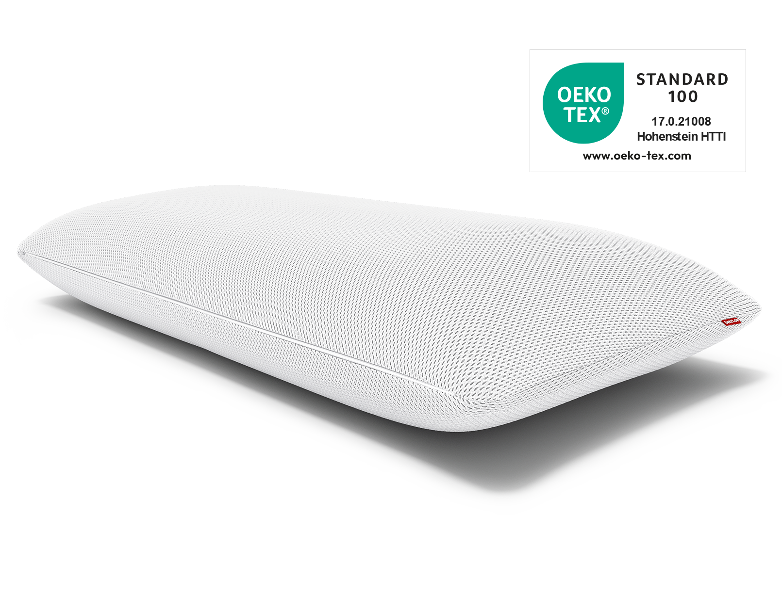 Oreiller BODYGUARD® blanc à housse texturée présenté sur fond blanc. En haut à droite, un encart montre le label OEKO-TEX® STANDARD 100, certifiant l’absence de substances nocives.