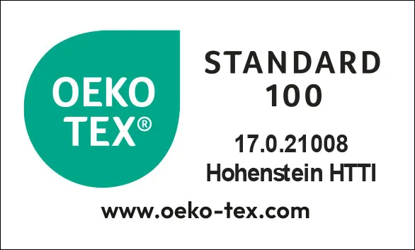 Le label Oeko-Tex®, incluant l'inscription : "Standard 100, 17.0.21008, Hohenstein HTTI, www.oekotex.com".