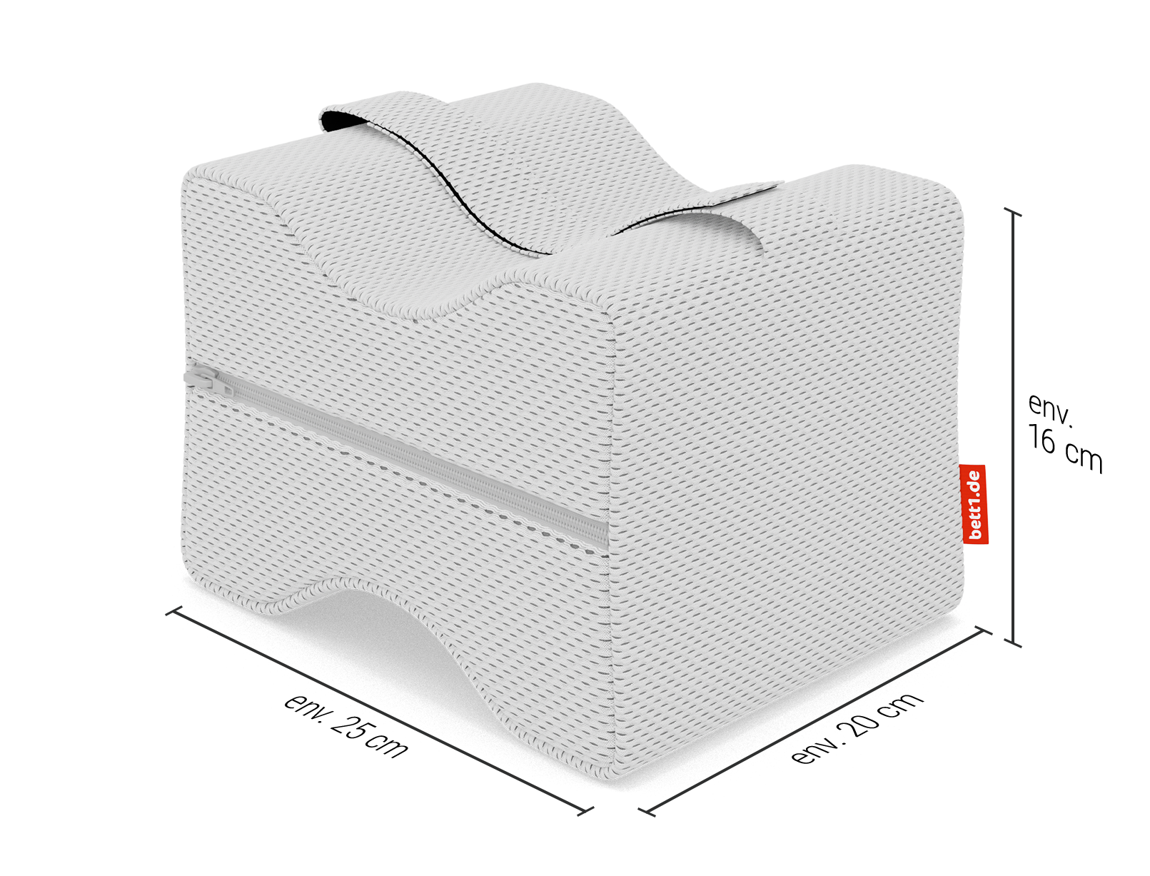 Coussin de genoux BODYGUARD®, dont les dimensions sont indiquées sur les côtés : 25 x 20 x 16 cm (L x L x H)