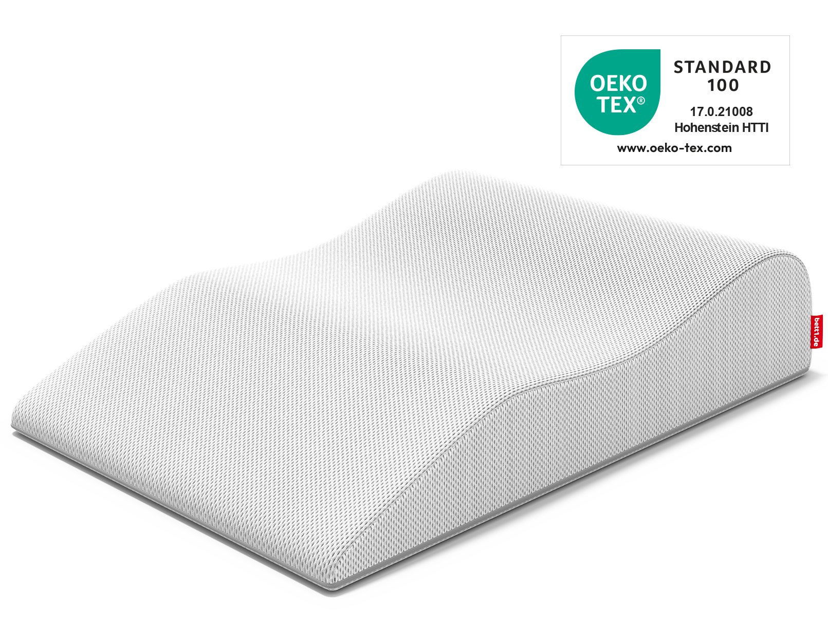 Das BODYGUARD® Venenkissen. Daneben das Oeko-Tex® Standard 100 Siegel.	