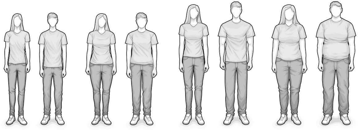 Illustration : huit personnes présentant des morphologies et des tailles différentes.