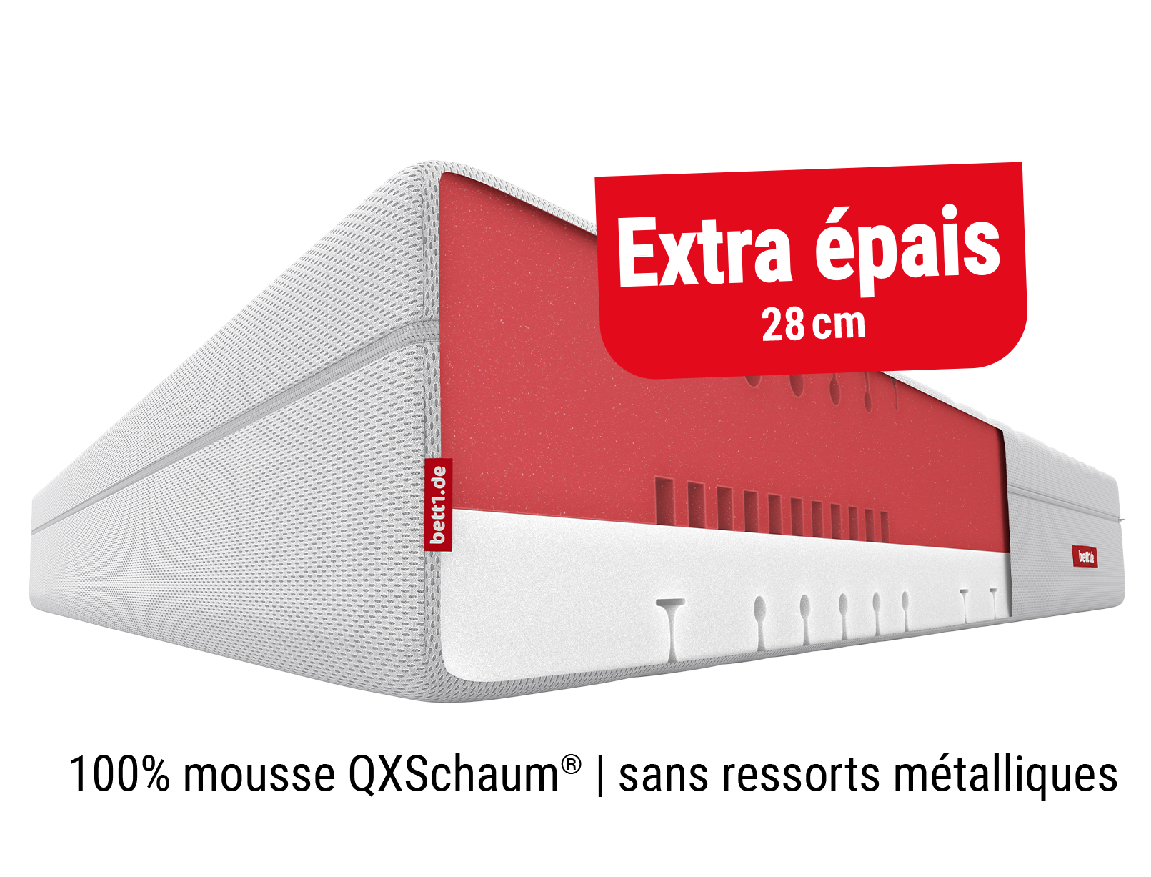Coupe d’un matelas BODYGUARD® Boxspring montrant son noyau en mousse rouge, sans ressorts, avec le label "100 % mousse".