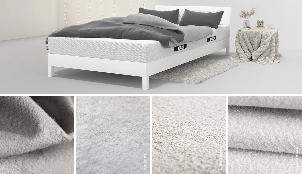 Auf einem Bett liegt Bettzeug mit Winterbettwäsche bezogen, darunter vier Kacheln mit Fokus auf verschiedene Arten wärmender Bettwäsche.