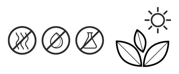 Illustration : Quatre symboles classés les uns à côté des autres : une plante sous un soleil. A côté, barrés : un flacon d'Erlenmeyer, une goutte d'eau, trois lignes ondulées.