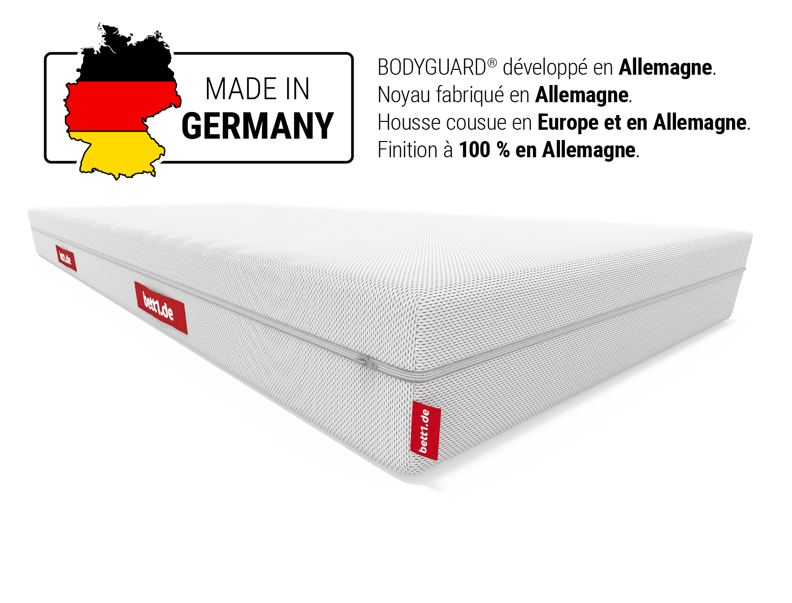 Matelas BODYGUARD® blanc avec une étiquette rouge, illustré avec une carte de l’Allemagne en rouge, noir et jaune, signalant sa fabrication allemande.