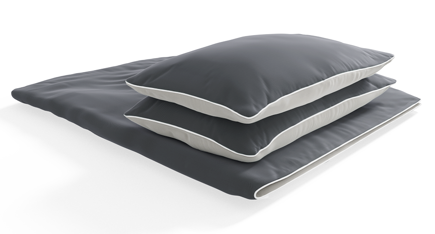 Le linge de lit en satin BODYGUARD® est posé sur une couette pliée avec un oreiller dessus. Le label Oeko-Tex®. Illustration d'une main qui ferme une fermeture éclair. Texte : facile à enfiler