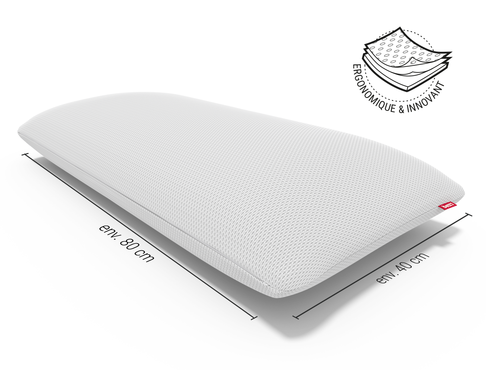 Oreiller BODYGUARD® blanc de 60 x 40 cm avec housse texturée. En haut à droite, une icône signale une structure ergonomique et respirante. Les dimensions sont indiquées en perspective à la base de l’oreiller.
