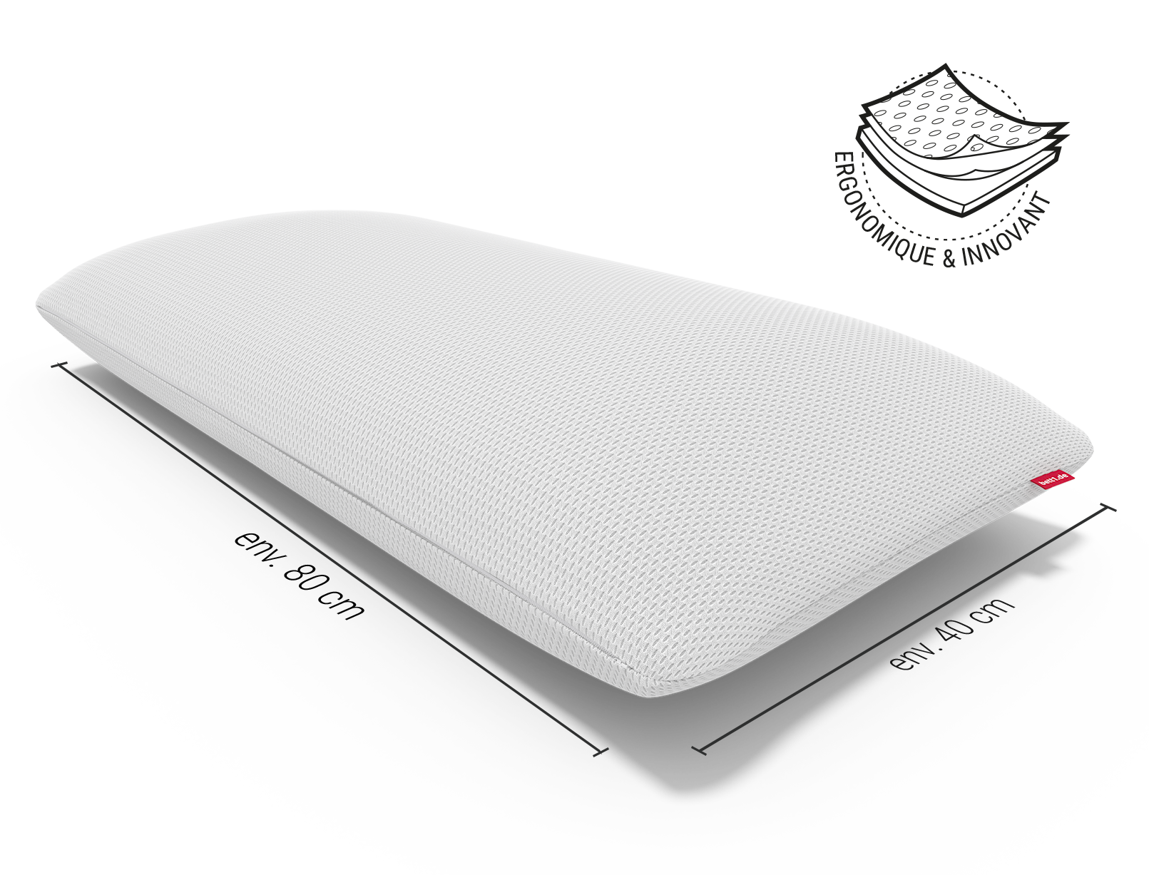 Oreiller BODYGUARD® blanc de 60 x 40 cm avec housse texturée. En haut à droite, une icône signale une structure ergonomique et respirante. Les dimensions sont indiquées en perspective à la base de l’oreiller.