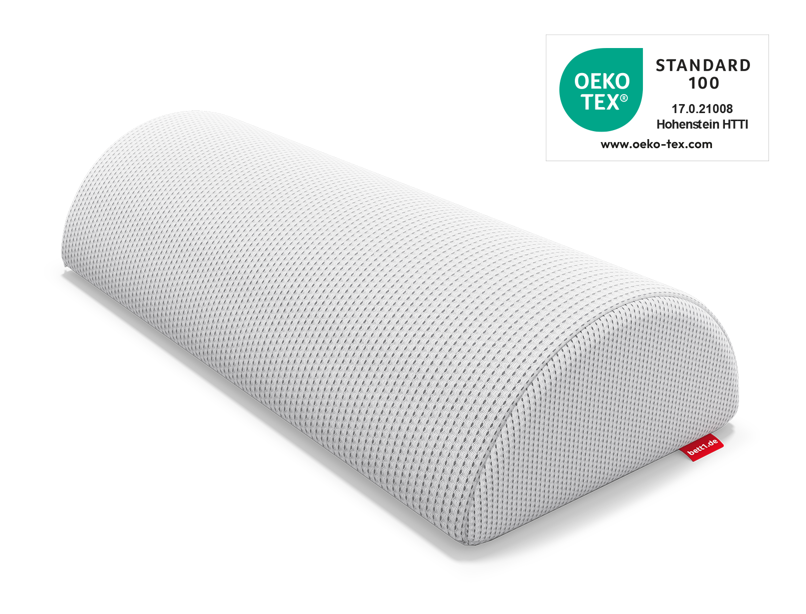 Das BODYGUARD® Knie- und Nackenrolle. Daneben das Oeko-Tex® Standard 100 Siegel.